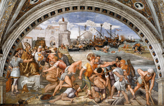 L'affresco di Raffaello intitolato "Battaglia di Ostia", 1514, Stanza dell'Incendio di Borgo (una delle Stanze Vaticane)