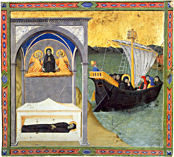 Burial of Saint Monica and Saint Augustine Departing from Africa Master of Osservanza Tempera and gold on vellum, 24.7 x 27 cm, 1430 circa, Cambridge, Fitzwilliam Museum