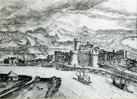Stampa di H. van Cliven, XVI sec.: Il Tevere e l’attracco fluviale presso il castello di Ostia