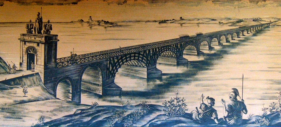 A drawing of the Trajan's Bridge in a blue-tone pencil. 